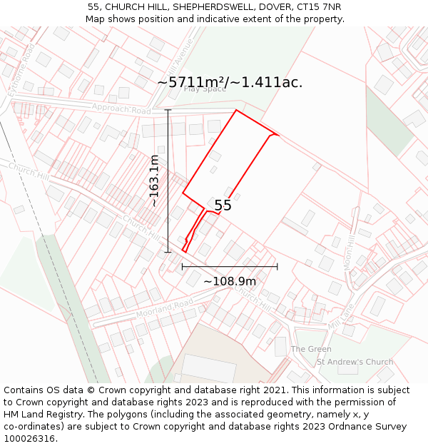 55, CHURCH HILL, SHEPHERDSWELL, DOVER, CT15 7NR: Plot and title map