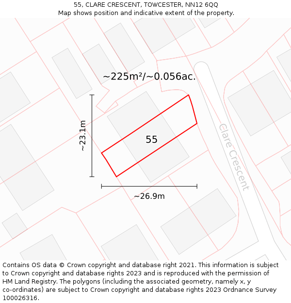 55, CLARE CRESCENT, TOWCESTER, NN12 6QQ: Plot and title map