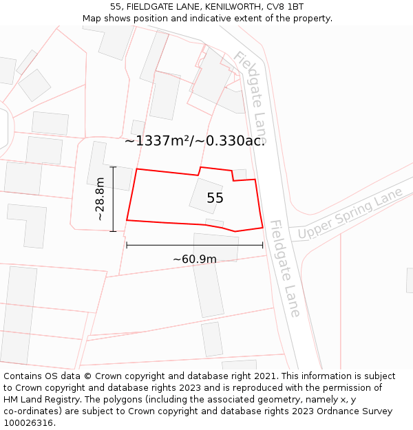 55, FIELDGATE LANE, KENILWORTH, CV8 1BT: Plot and title map