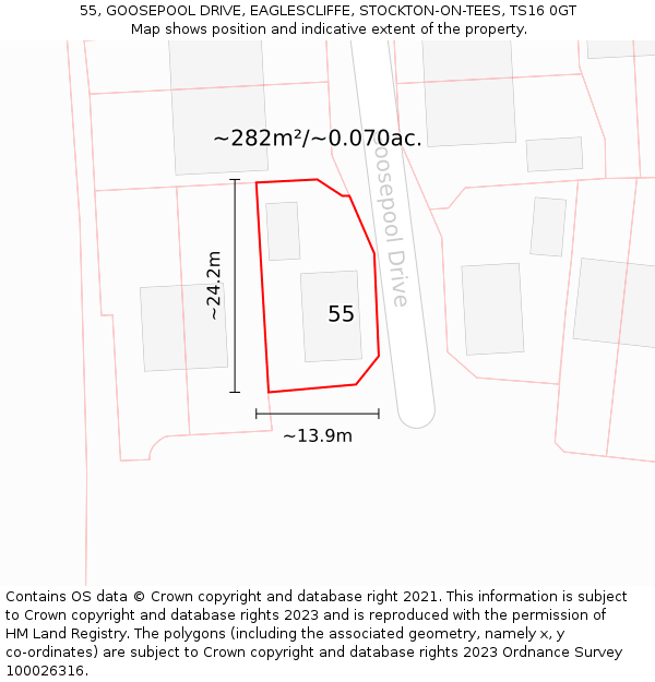 55, GOOSEPOOL DRIVE, EAGLESCLIFFE, STOCKTON-ON-TEES, TS16 0GT: Plot and title map