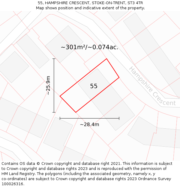 55, HAMPSHIRE CRESCENT, STOKE-ON-TRENT, ST3 4TR: Plot and title map