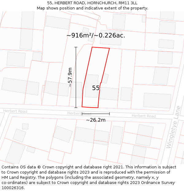 55, HERBERT ROAD, HORNCHURCH, RM11 3LL: Plot and title map