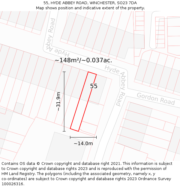 55, HYDE ABBEY ROAD, WINCHESTER, SO23 7DA: Plot and title map