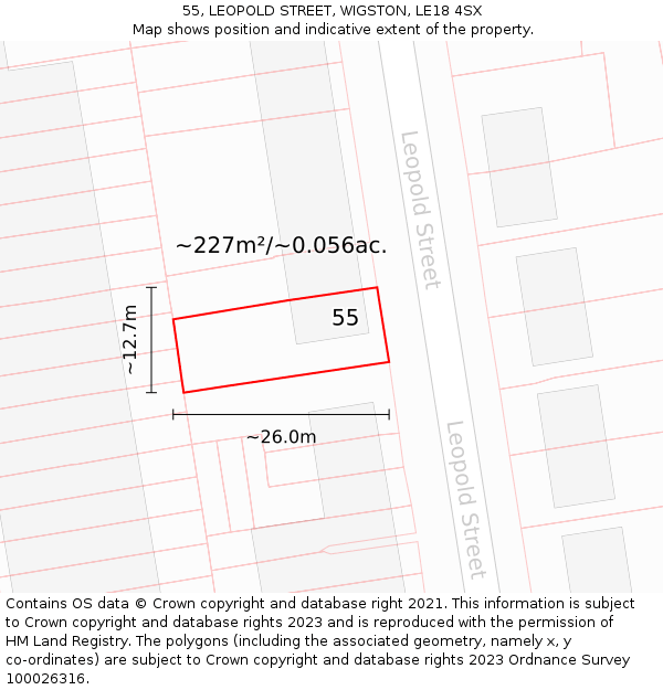 55, LEOPOLD STREET, WIGSTON, LE18 4SX: Plot and title map