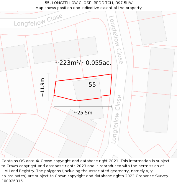 55, LONGFELLOW CLOSE, REDDITCH, B97 5HW: Plot and title map