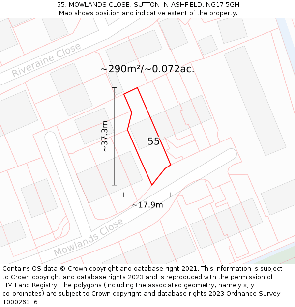 55, MOWLANDS CLOSE, SUTTON-IN-ASHFIELD, NG17 5GH: Plot and title map