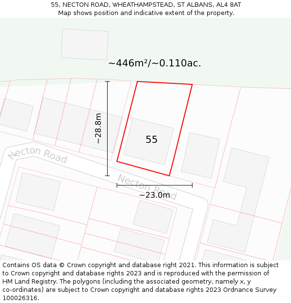 55, NECTON ROAD, WHEATHAMPSTEAD, ST ALBANS, AL4 8AT: Plot and title map