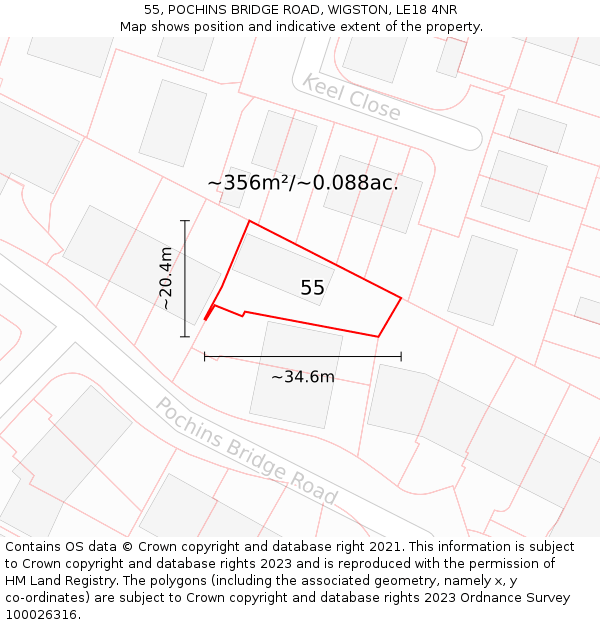 55, POCHINS BRIDGE ROAD, WIGSTON, LE18 4NR: Plot and title map