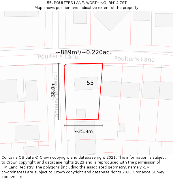 55, POULTERS LANE, WORTHING, BN14 7ST: Plot and title map