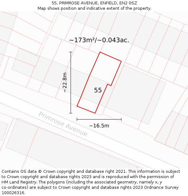 55, PRIMROSE AVENUE, ENFIELD, EN2 0SZ: Plot and title map