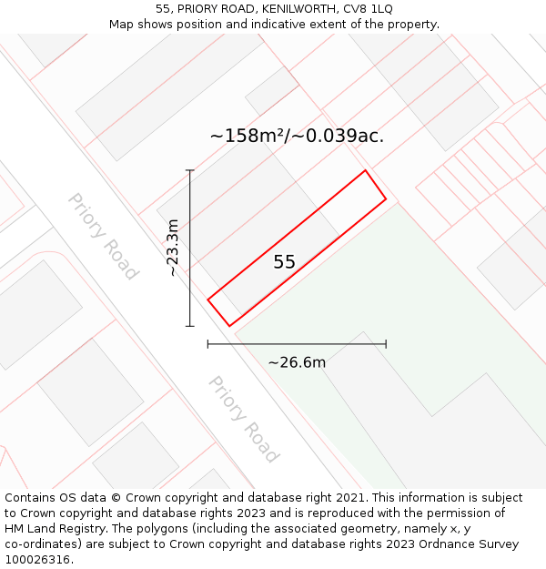 55, PRIORY ROAD, KENILWORTH, CV8 1LQ: Plot and title map