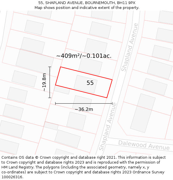 55, SHAPLAND AVENUE, BOURNEMOUTH, BH11 9PX: Plot and title map