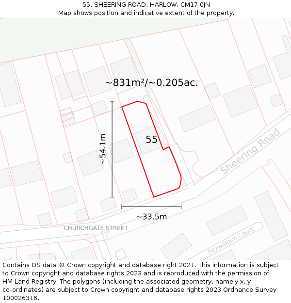 55, SHEERING ROAD, HARLOW, CM17 0JN: Plot and title map