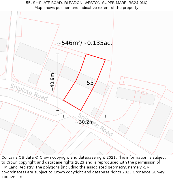 55, SHIPLATE ROAD, BLEADON, WESTON-SUPER-MARE, BS24 0NQ: Plot and title map