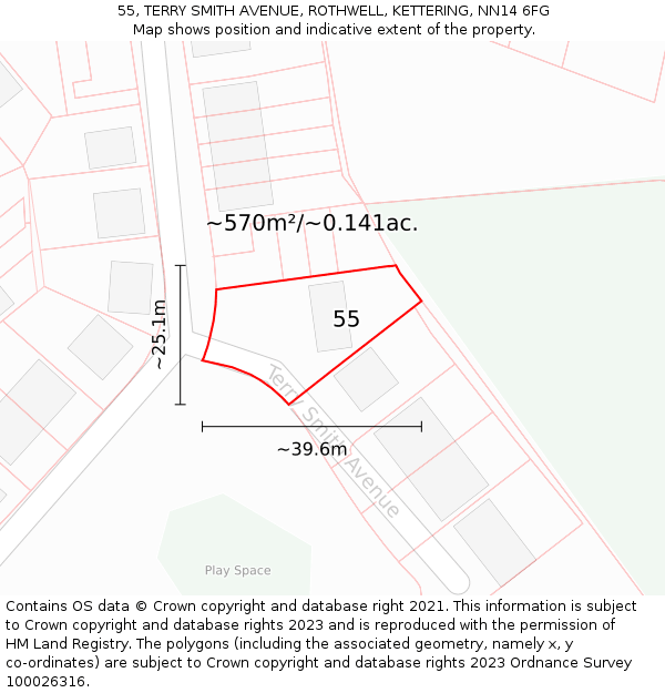 55, TERRY SMITH AVENUE, ROTHWELL, KETTERING, NN14 6FG: Plot and title map