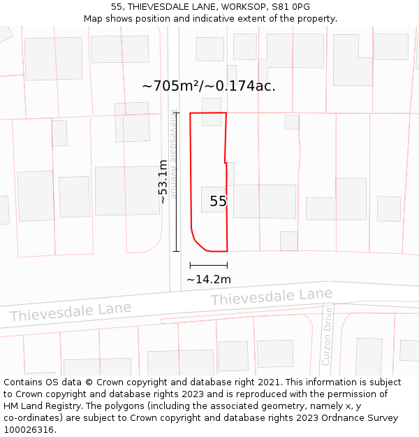 55, THIEVESDALE LANE, WORKSOP, S81 0PG: Plot and title map