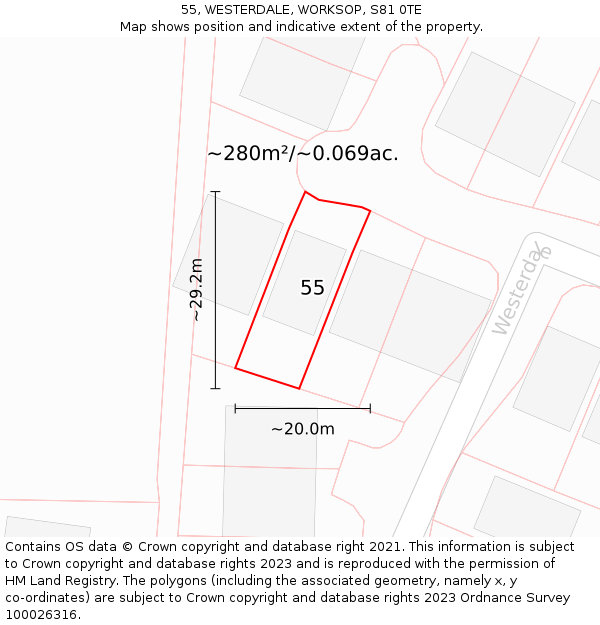 55, WESTERDALE, WORKSOP, S81 0TE: Plot and title map