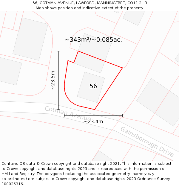 56, COTMAN AVENUE, LAWFORD, MANNINGTREE, CO11 2HB: Plot and title map