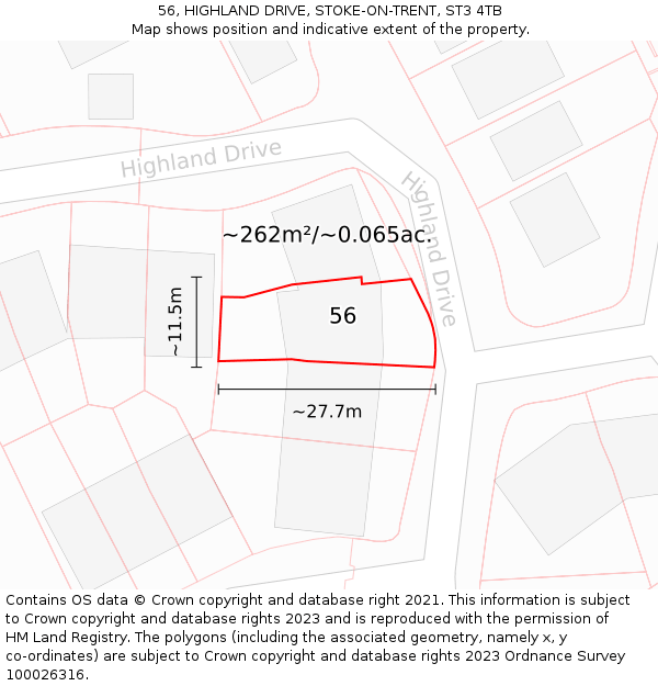56, HIGHLAND DRIVE, STOKE-ON-TRENT, ST3 4TB: Plot and title map