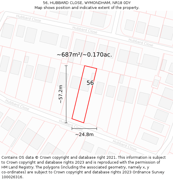 56, HUBBARD CLOSE, WYMONDHAM, NR18 0DY: Plot and title map