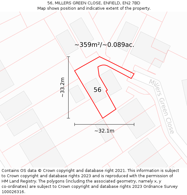 56, MILLERS GREEN CLOSE, ENFIELD, EN2 7BD: Plot and title map