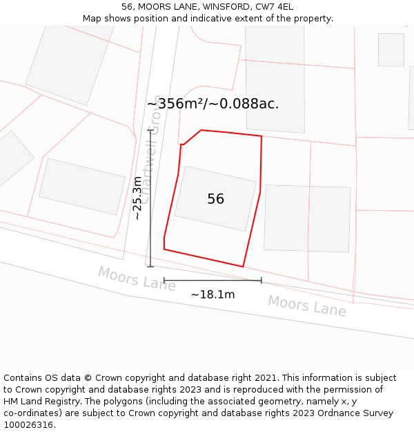 56, MOORS LANE, WINSFORD, CW7 4EL: Plot and title map