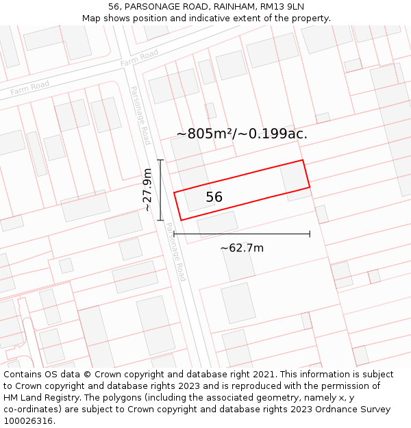 56, PARSONAGE ROAD, RAINHAM, RM13 9LN: Plot and title map