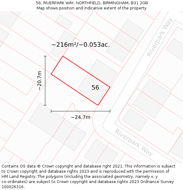 56, RIVERPARK WAY, NORTHFIELD, BIRMINGHAM, B31 2GB: Plot and title map