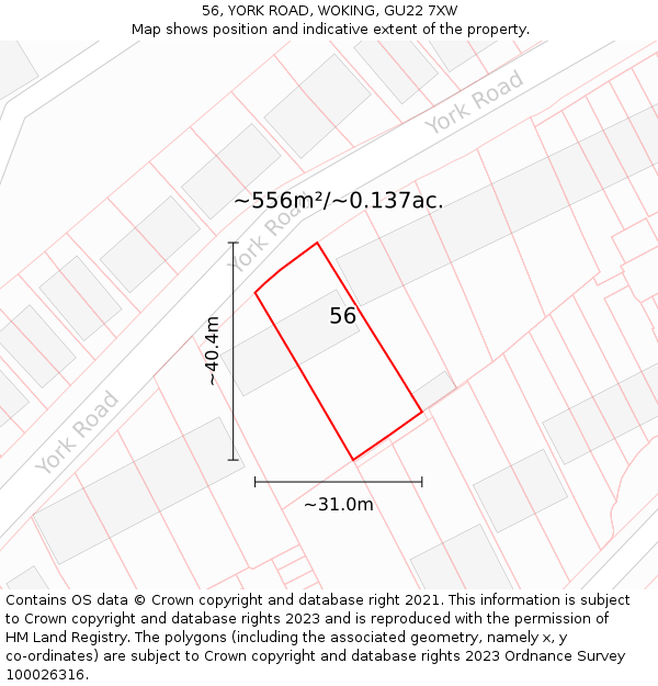 56, YORK ROAD, WOKING, GU22 7XW: Plot and title map