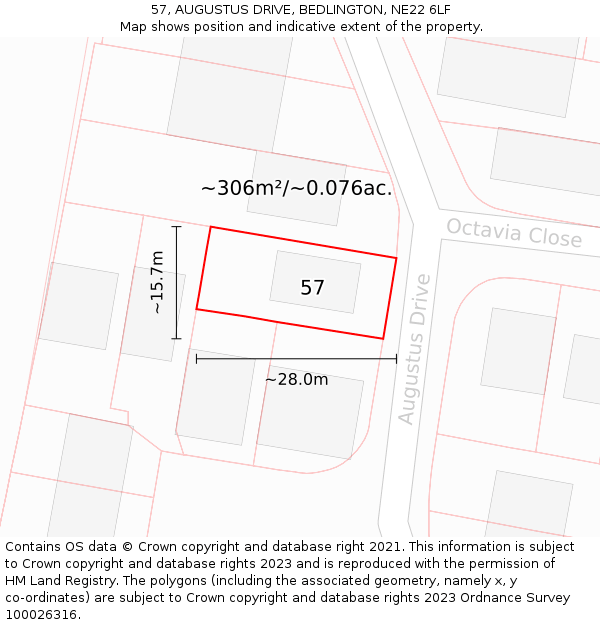 57, AUGUSTUS DRIVE, BEDLINGTON, NE22 6LF: Plot and title map