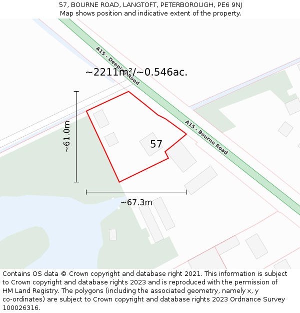 57, BOURNE ROAD, LANGTOFT, PETERBOROUGH, PE6 9NJ: Plot and title map