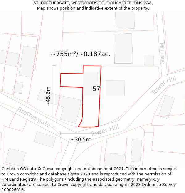 57, BRETHERGATE, WESTWOODSIDE, DONCASTER, DN9 2AA: Plot and title map