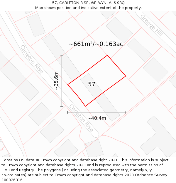 57, CARLETON RISE, WELWYN, AL6 9RQ: Plot and title map