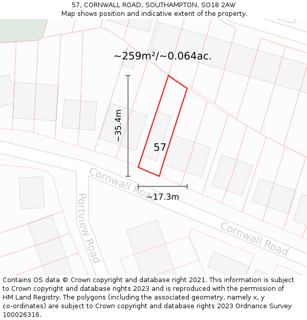 57, CORNWALL ROAD, SOUTHAMPTON, SO18 2AW: Plot and title map