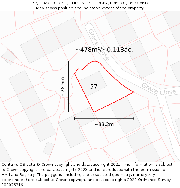 57, GRACE CLOSE, CHIPPING SODBURY, BRISTOL, BS37 6ND: Plot and title map