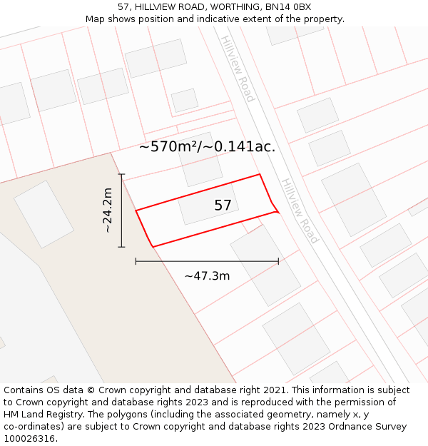57, HILLVIEW ROAD, WORTHING, BN14 0BX: Plot and title map