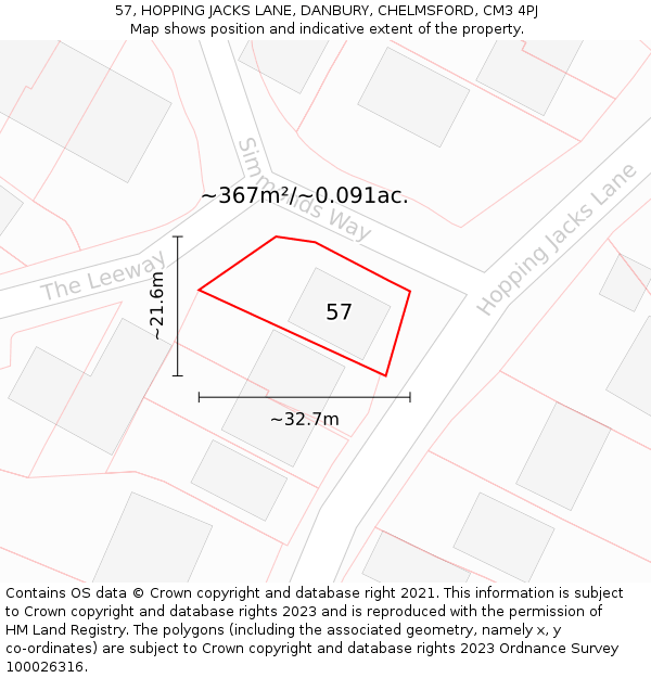 57, HOPPING JACKS LANE, DANBURY, CHELMSFORD, CM3 4PJ: Plot and title map