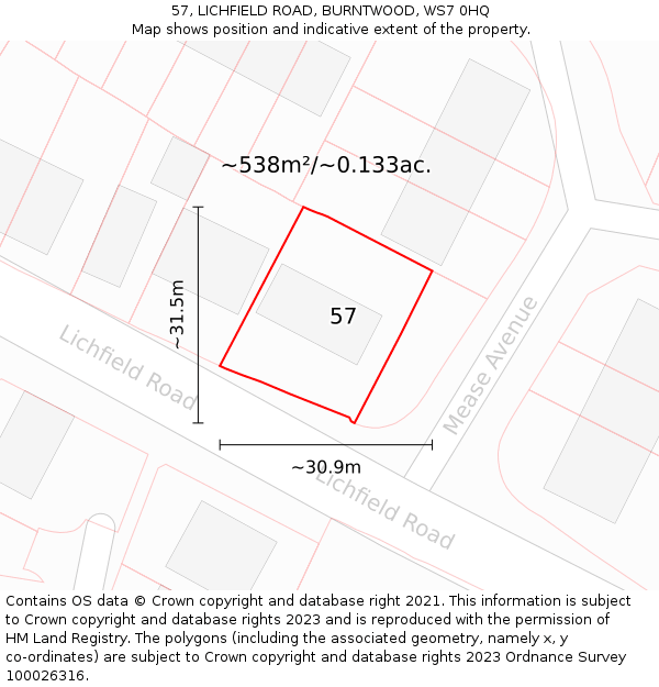 57, LICHFIELD ROAD, BURNTWOOD, WS7 0HQ: Plot and title map