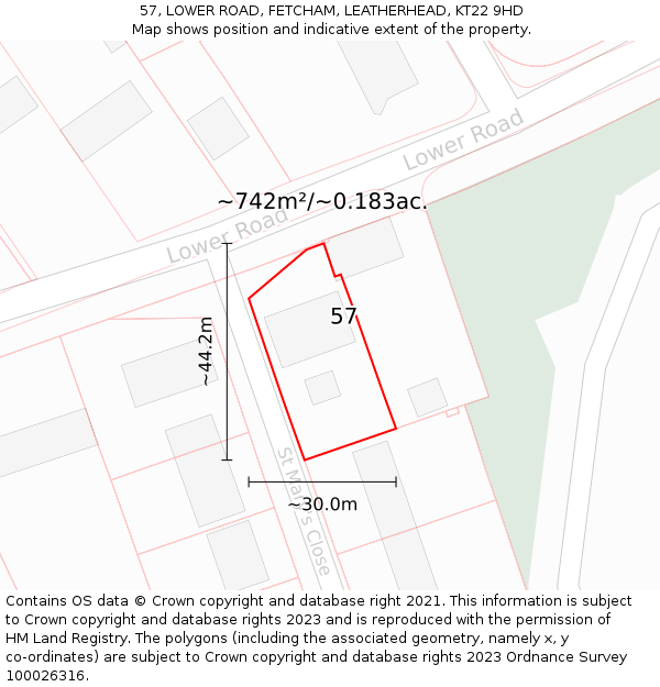 57, LOWER ROAD, FETCHAM, LEATHERHEAD, KT22 9HD: Plot and title map