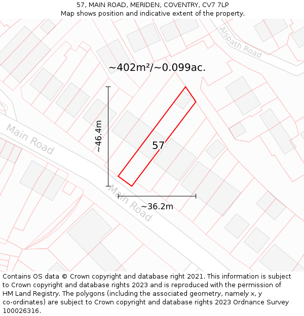 57, MAIN ROAD, MERIDEN, COVENTRY, CV7 7LP: Plot and title map