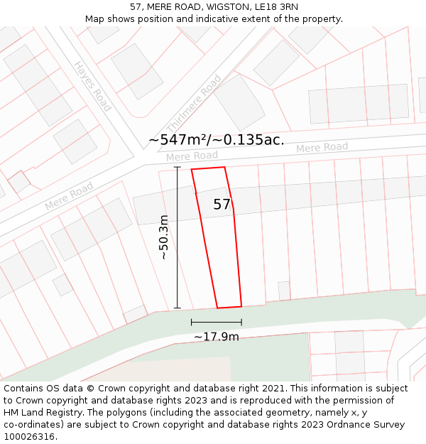 57, MERE ROAD, WIGSTON, LE18 3RN: Plot and title map