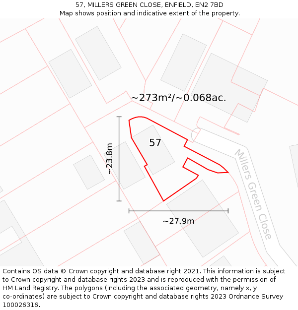 57, MILLERS GREEN CLOSE, ENFIELD, EN2 7BD: Plot and title map