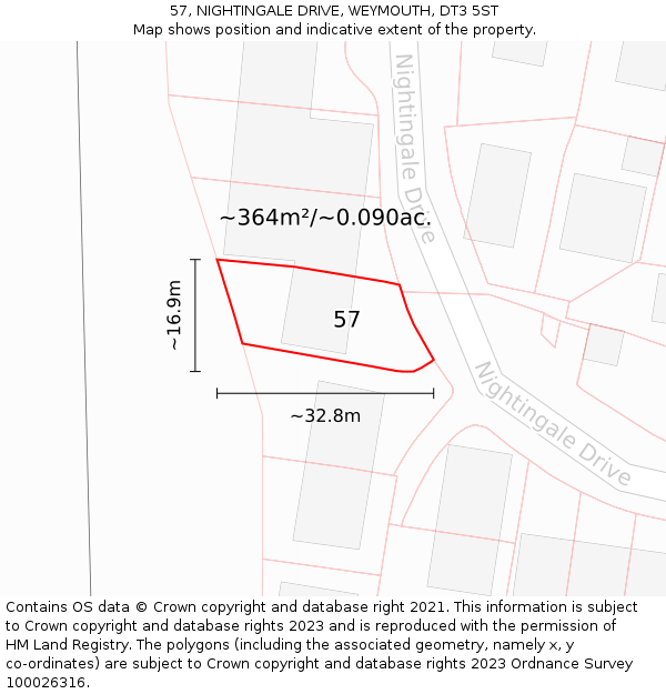 57, NIGHTINGALE DRIVE, WEYMOUTH, DT3 5ST: Plot and title map
