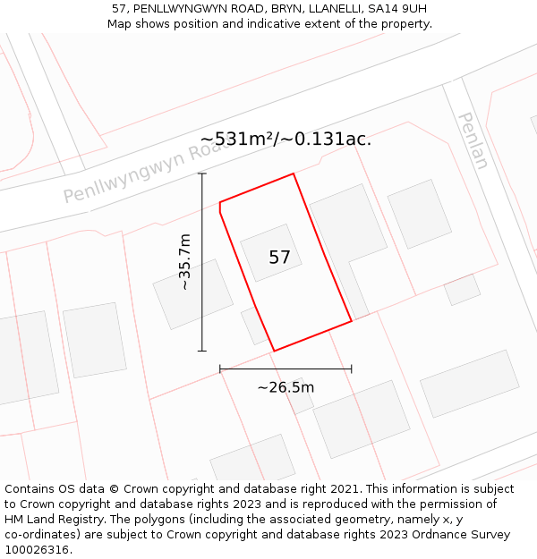 57, PENLLWYNGWYN ROAD, BRYN, LLANELLI, SA14 9UH: Plot and title map