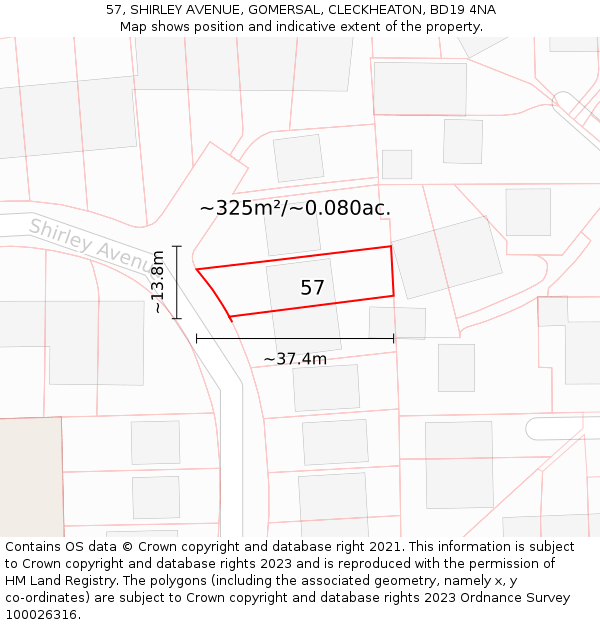 57, SHIRLEY AVENUE, GOMERSAL, CLECKHEATON, BD19 4NA: Plot and title map