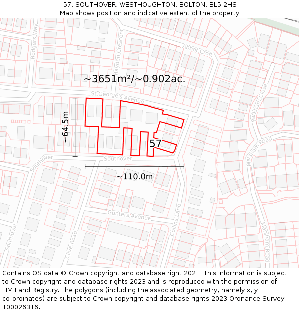 57, SOUTHOVER, WESTHOUGHTON, BOLTON, BL5 2HS: Plot and title map