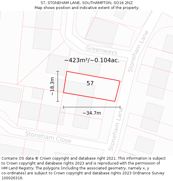 57, STONEHAM LANE, SOUTHAMPTON, SO16 2NZ: Plot and title map