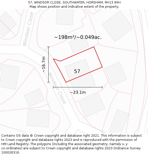 57, WINDSOR CLOSE, SOUTHWATER, HORSHAM, RH13 9XH: Plot and title map