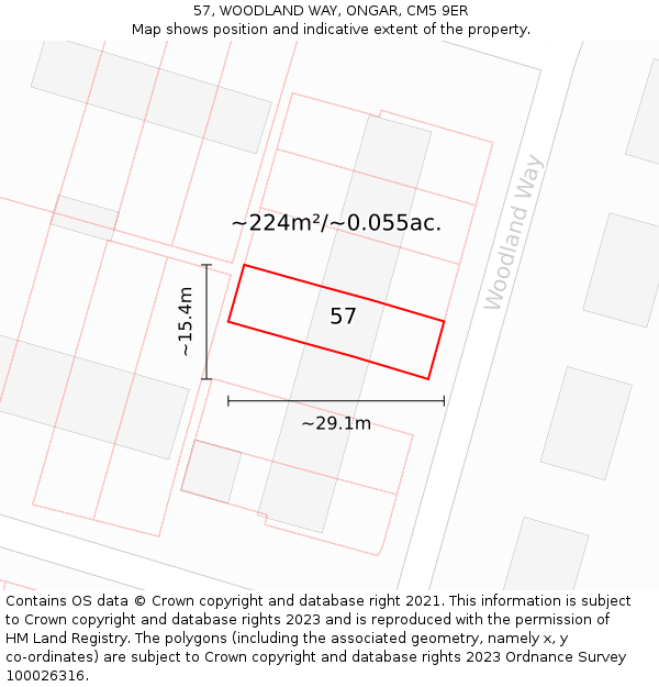 57, WOODLAND WAY, ONGAR, CM5 9ER: Plot and title map