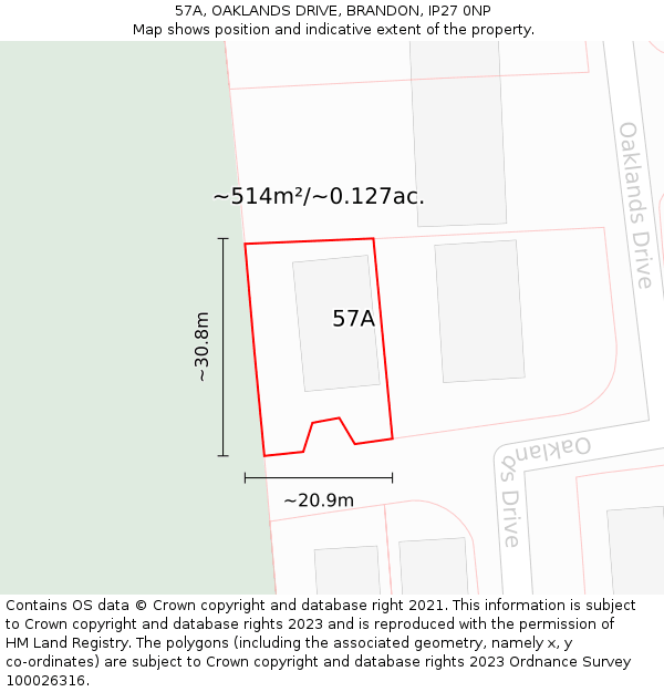 57A, OAKLANDS DRIVE, BRANDON, IP27 0NP: Plot and title map